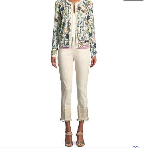 SOLD ‼️  Tory Burch Women's Lana Embroidered Cuff Jeans Pompom NWT $248.00 27 SM - Picture 2 of 9